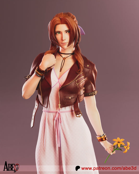 Aerith Gainsborough from Final Fantasy VII, wearing her pink dress and red jacket, holding flowers with a gentle smile.