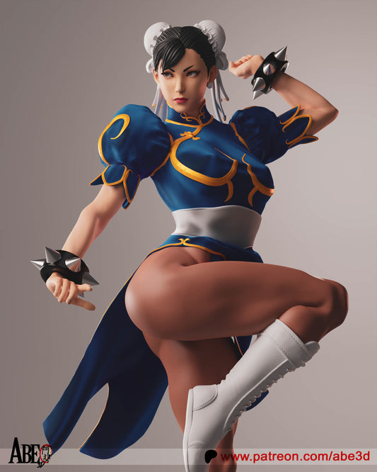 Street Fighter Chun-Li in her iconic outfit standing in a fighting pose