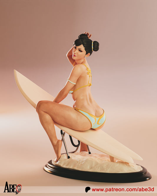 Chun-Li from Street Fighter wearing a bikini, relaxing on the beach with her surfboard, enjoying the sun and ocean breeze.