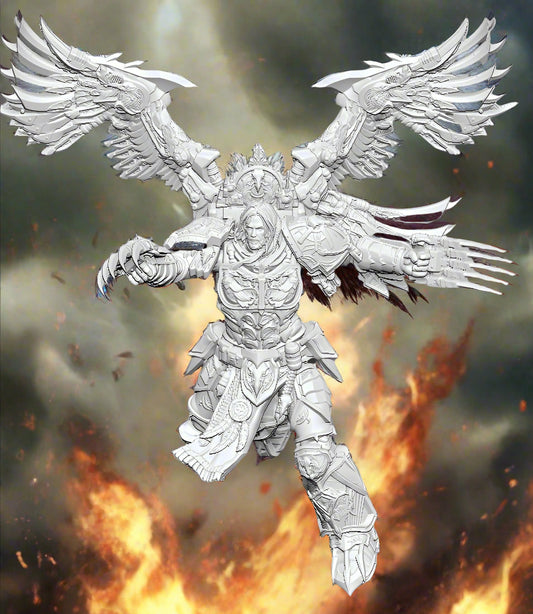 a 3d printed proxy model of Corvus Corax, primarch of the Raven Guard space marines in warhammer 40k