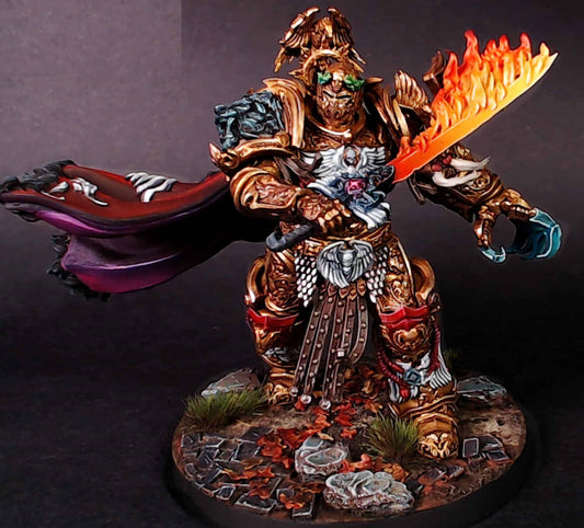 A proxy model of The God-Emperor of makind in highly detailed  baroque armour from the Warhammer 40k universe