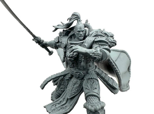 Detailed depiction of Jaghatai Khan, Primarch of the White Scars from Warhammer 40K, wearing ornate power armor with Mongolian-inspired motifs, wielding a curved blade, posed for dynamic attack