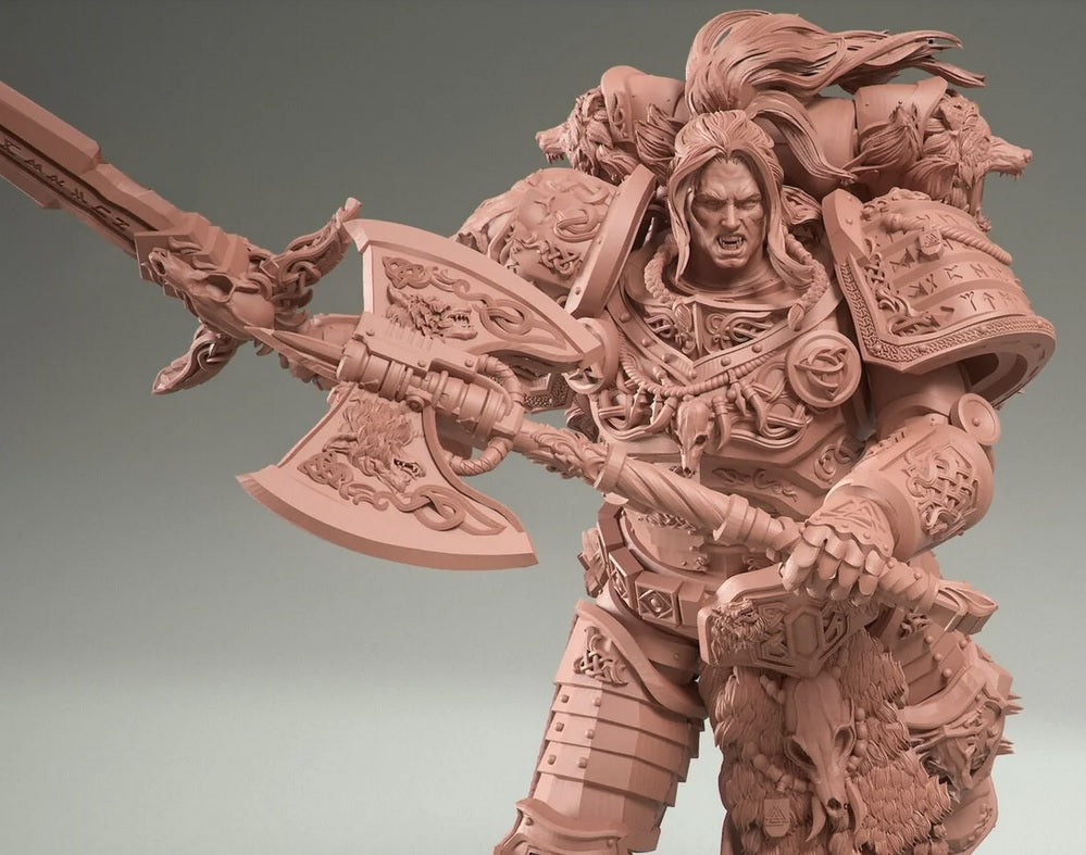 Detailed model of Leman Russ, Space Wolves Primarch, wearing ornate runic power armor with wolf pelt details and massive frost sword