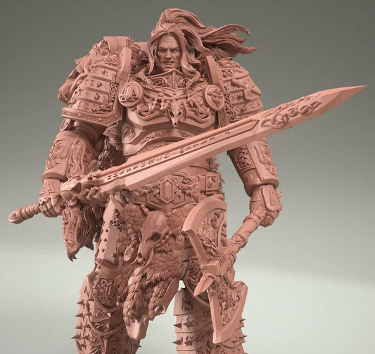 Detailed model of Leman Russ, Space Wolves Primarch, wearing ornate runic power armor with wolf pelt details and massive frost sword