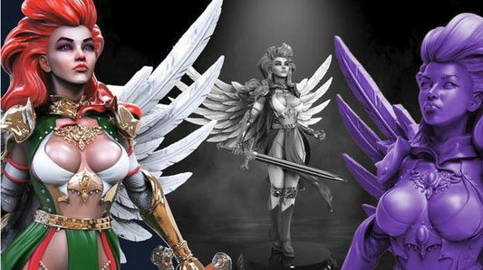 Aasimar Paladin miniature with large angelic white wings, ornate gold armor, flowing green and white tabard, red hair, and a longsword, posed on a display base.