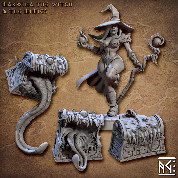 Marwina the Witch & Mimic Miniatures | Arcanist Guild | Fantasy D&D Miniature | Artisan Guild