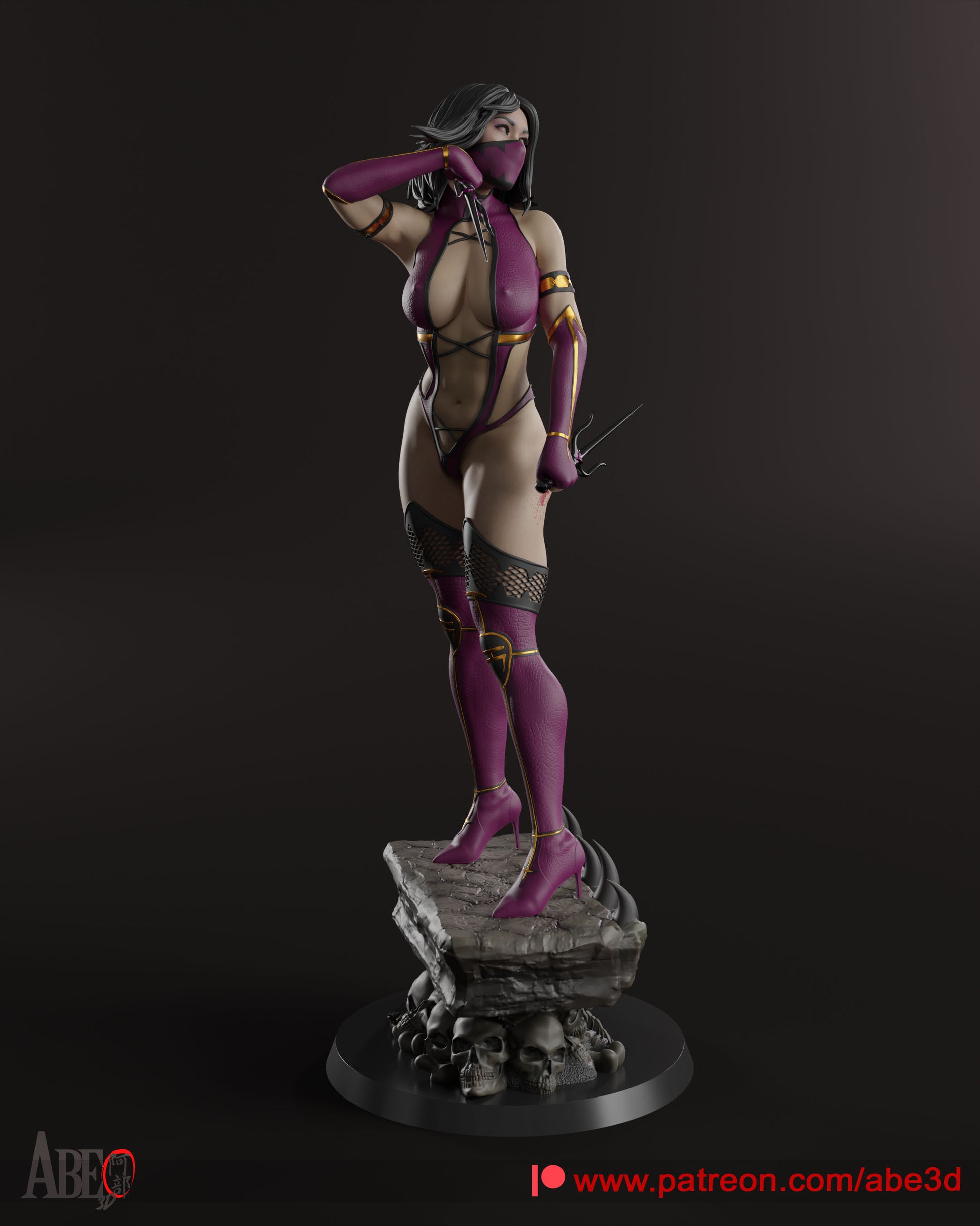 Mileena from Mortal Kombat in her iconic purple ninja outfit, wielding dual sais with her mouth covered