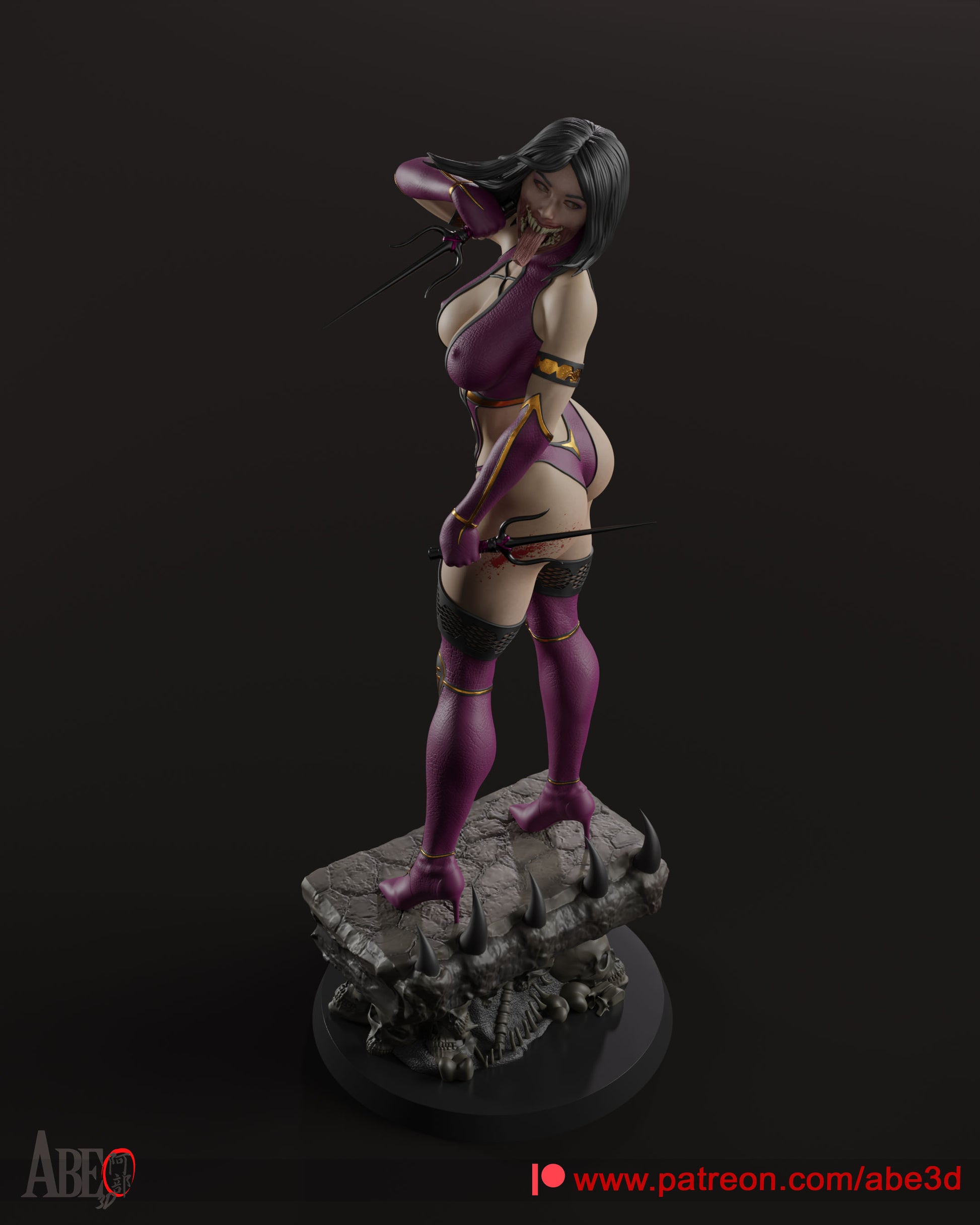 Mileena from Mortal Kombat in her iconic purple ninja outfit, wielding dual sais with her Tarkatan fanged mouth visible.