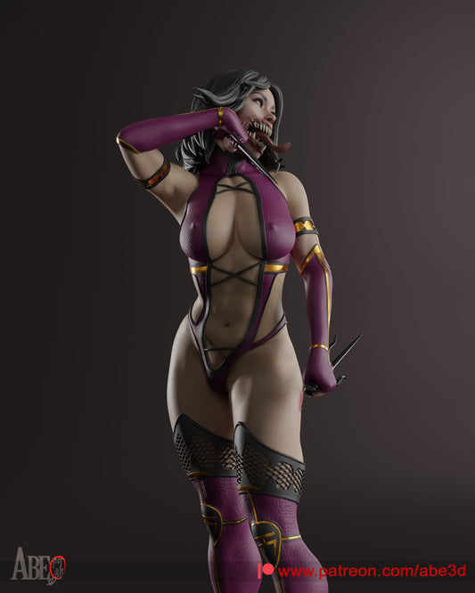 Mileena from Mortal Kombat in her iconic purple ninja outfit, wielding dual sais with her Tarkatan fanged mouth visible.