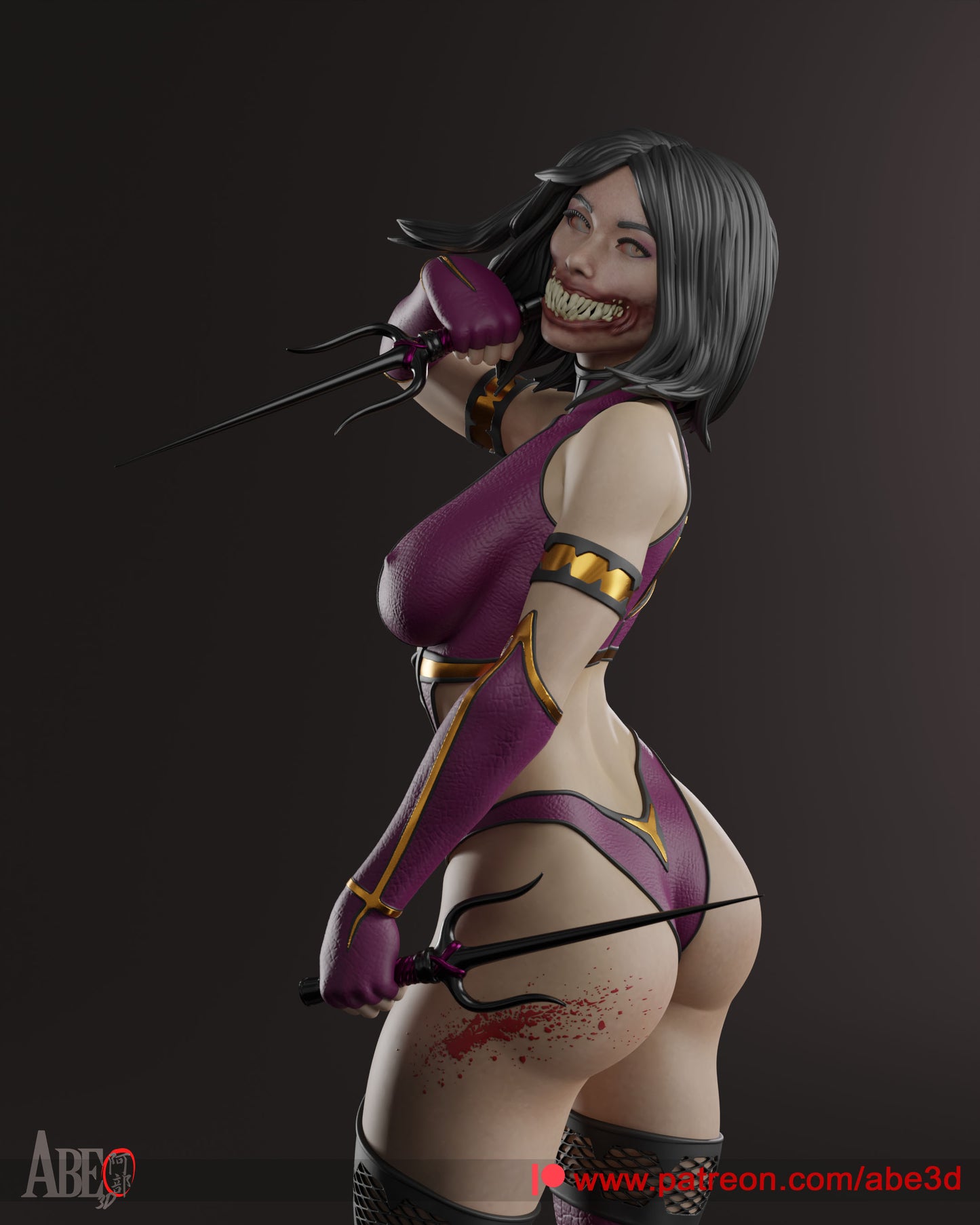 Mileena from Mortal Kombat in her iconic purple ninja outfit, wielding dual sais with her Tarkatan fanged mouth visible.