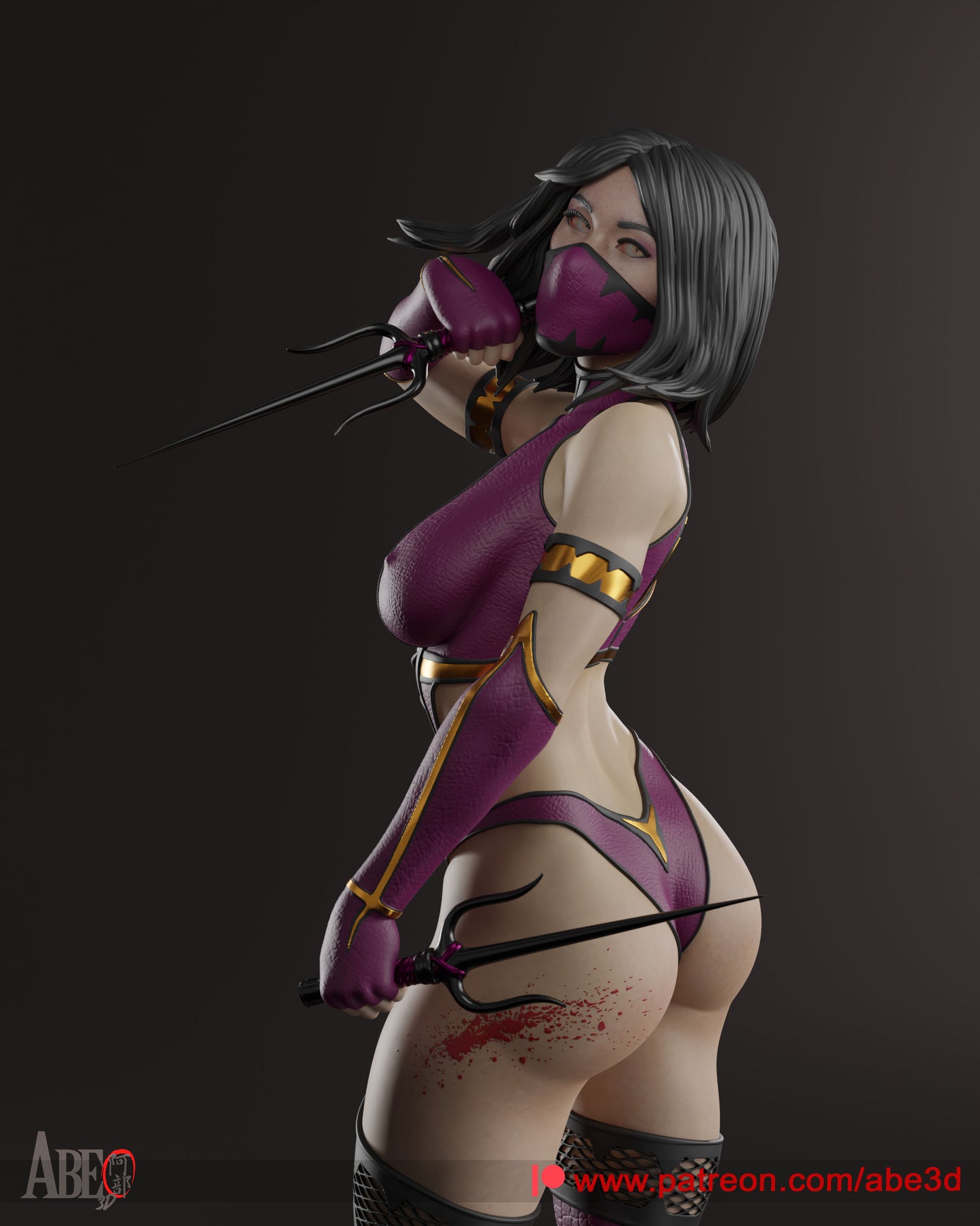 Mileena from Mortal Kombat in her iconic purple ninja outfit, wielding dual sais with her mouth covered