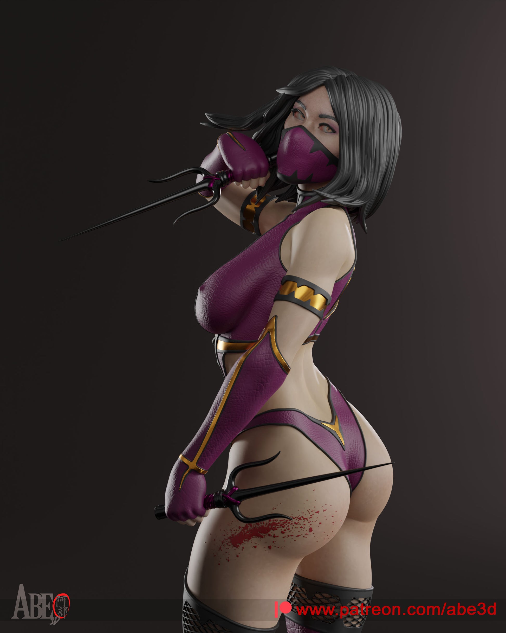 Mileena from Mortal Kombat in her iconic purple ninja outfit, wielding dual sais with her mouth covered
