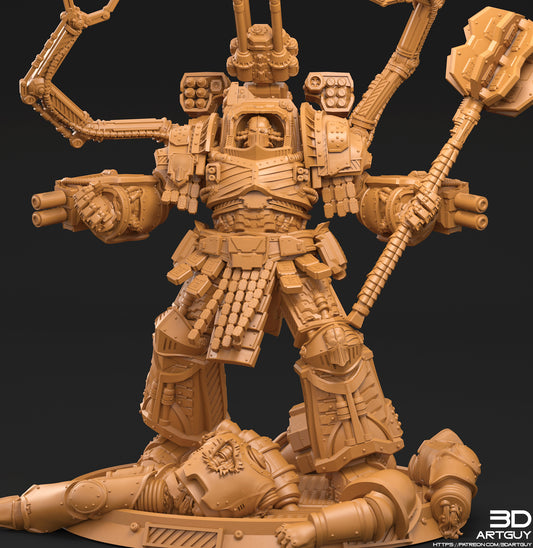 Primarch Perturabo of the Iron Warriors in full battle armour holding his energy hammer