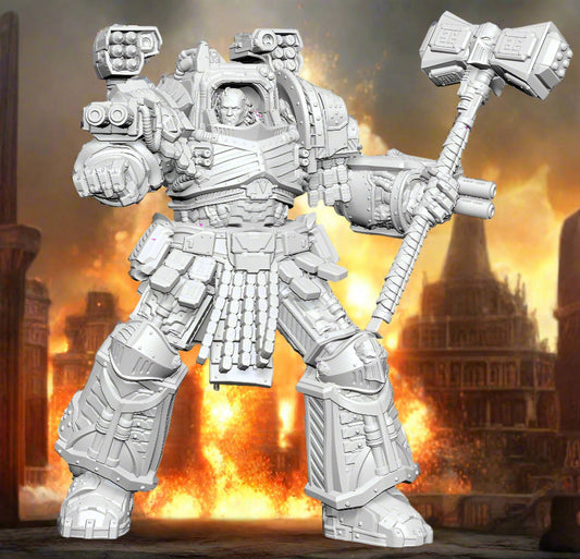 Primarch Perturabo of the Iron Warriors in full battle armour holding his energy hammer