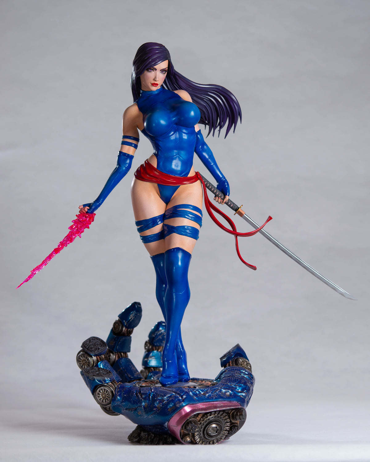 X-Men Psylocke in her classic outfit with a katana and psychic knife