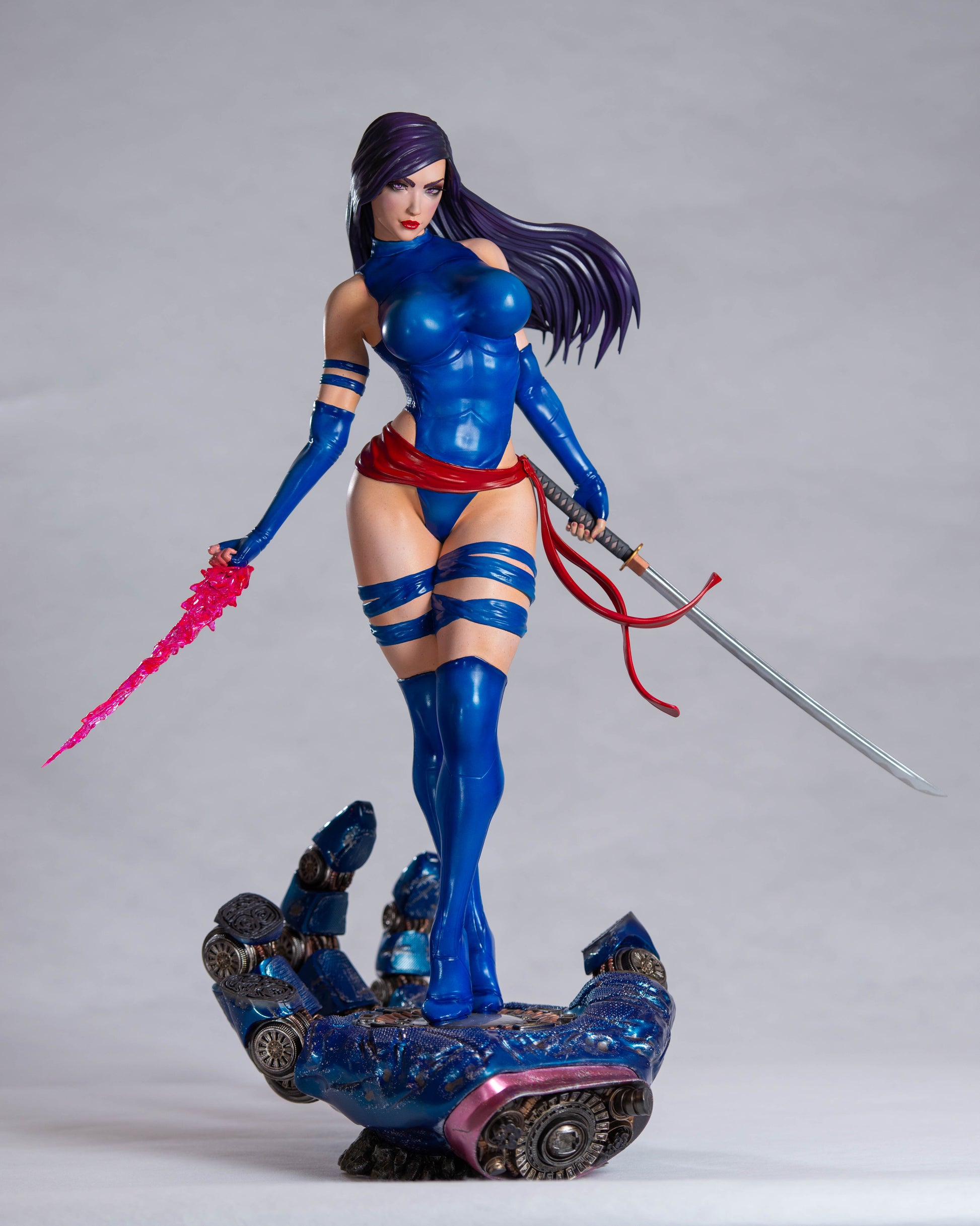 X-Men Psylocke in her classic outfit with a katana and psychic knife