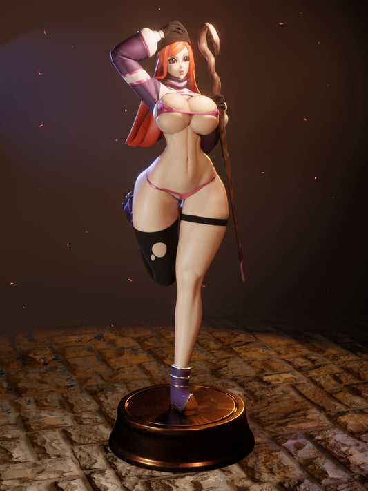 Bikini-clad sorceress miniature for D&D and tabletop RPGs, detailed female wizard proxy in fantasy armor with flowing hair and magical staff.