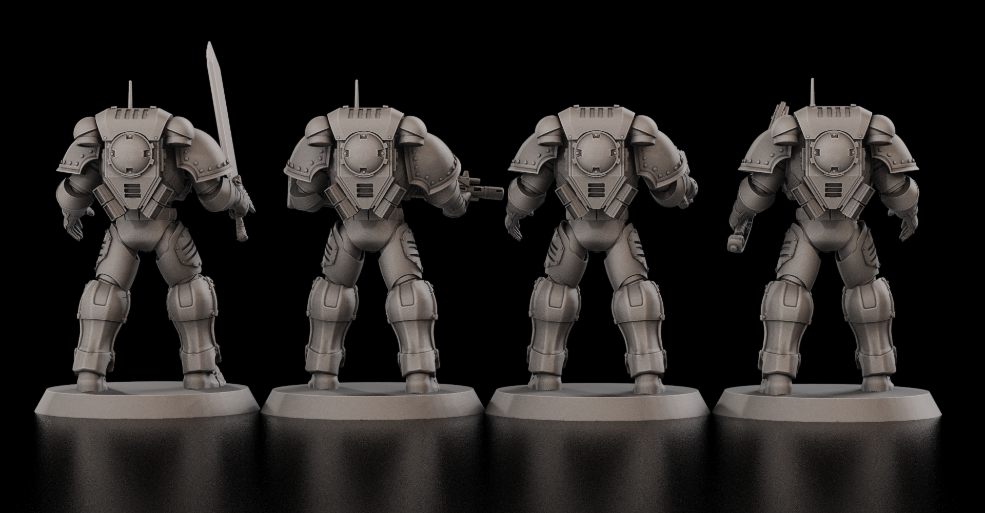 Primaris Space Marine proxy models with modular body parts and weapons at 32mm scale
