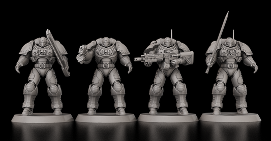 Primaris Space Marine proxy models with modular body parts and weapons at 32mm scale