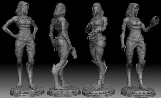 Tali’Zorah Mass Effect figurine featuring detailed Quarian environmental suit in dynamic poses