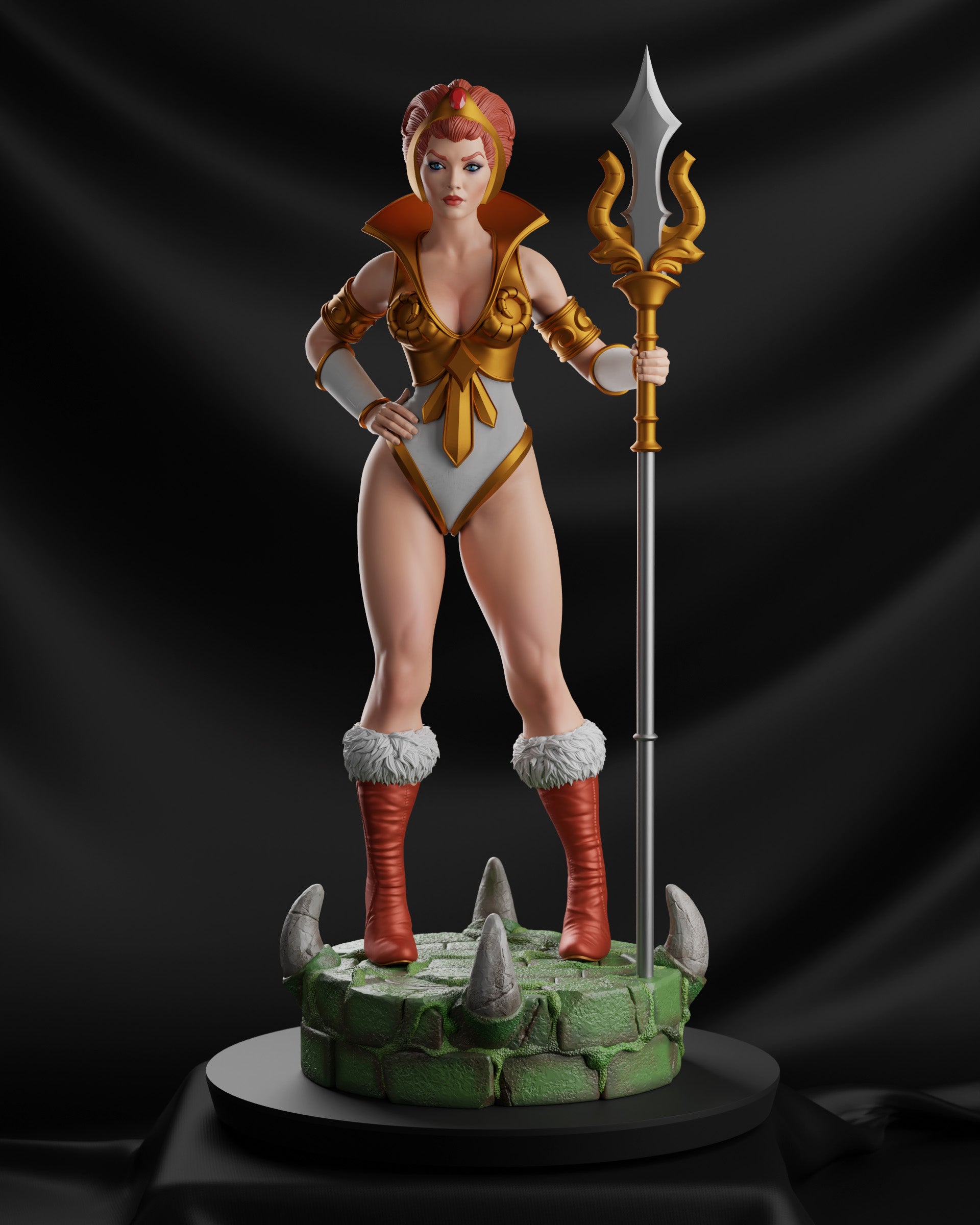 Teela from He-Man and the Masters of the Universe in her original 1980s appearance, wearing her white and gold warrior outfit with red hair and golden tiara