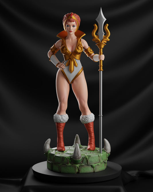 Teela from He-Man and the Masters of the Universe in her original 1980s appearance, wearing her white and gold warrior outfit with red hair and golden tiara