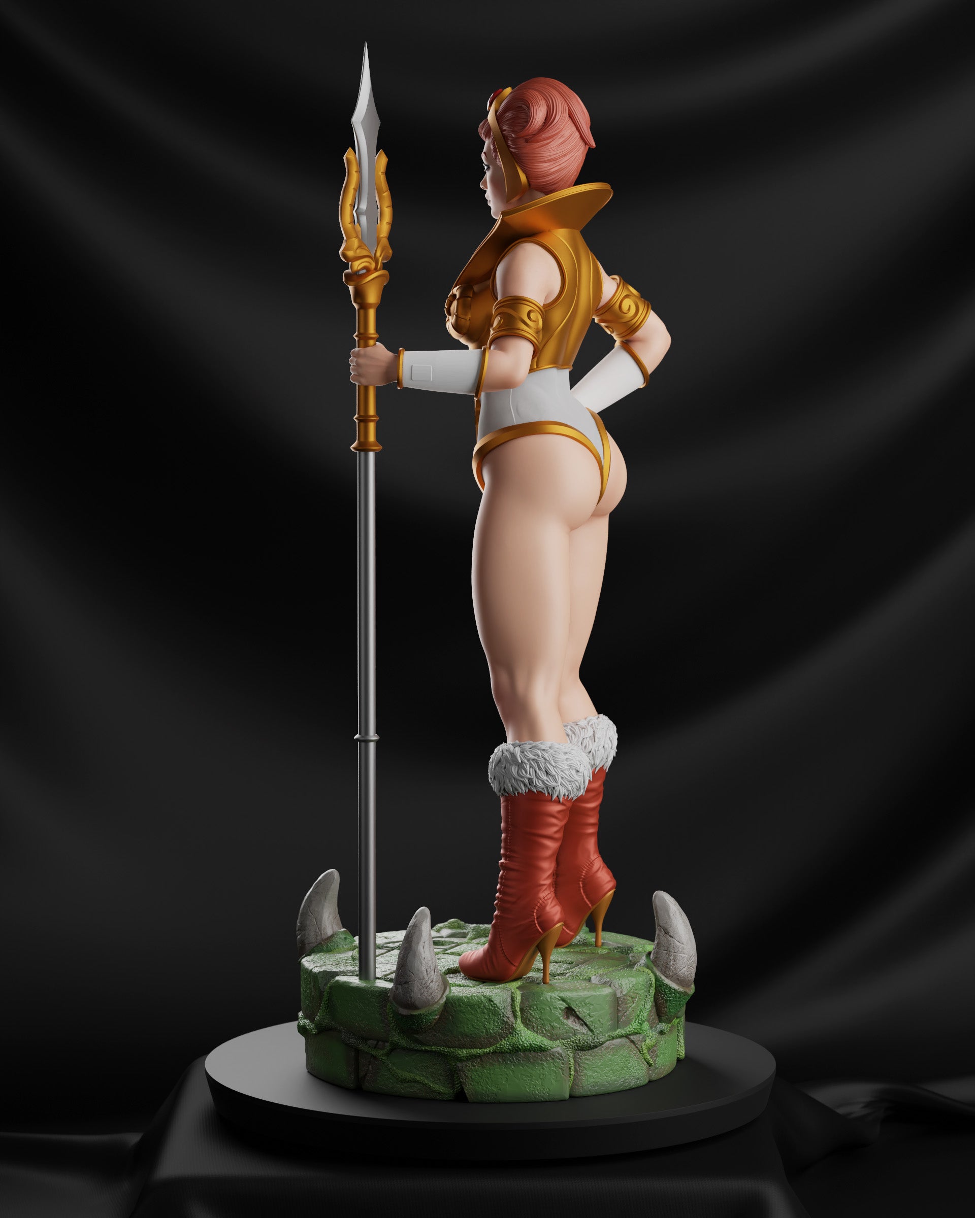 Teela from He-Man and the Masters of the Universe in her original 1980s appearance, wearing her white and gold warrior outfit with red hair and golden tiara