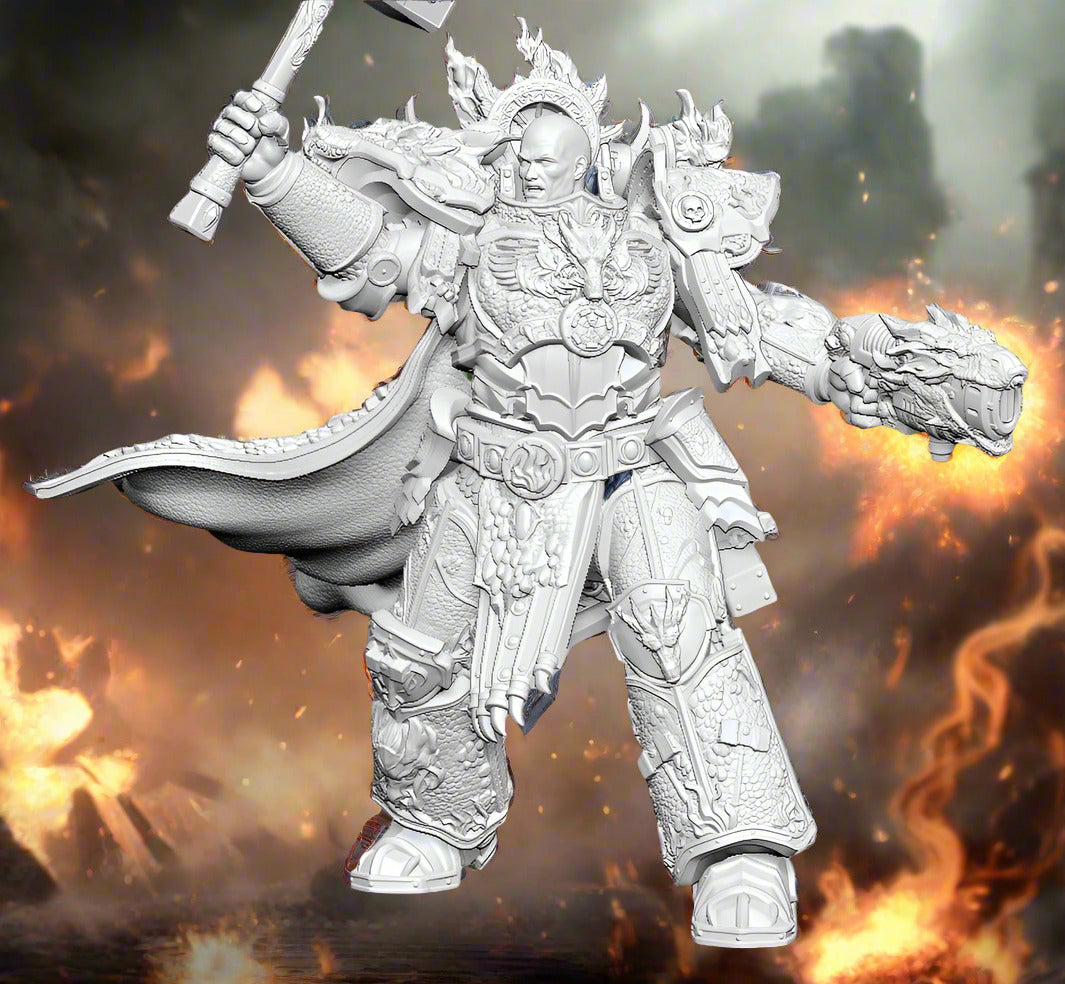 a 3d printed proxy of Vulkan the primarch of the Salamanders legion in warhammer 40k