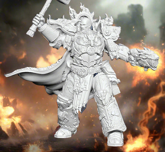 a 3d printed proxy of Vulkan the primarch of the Salamanders legion in warhammer 40k