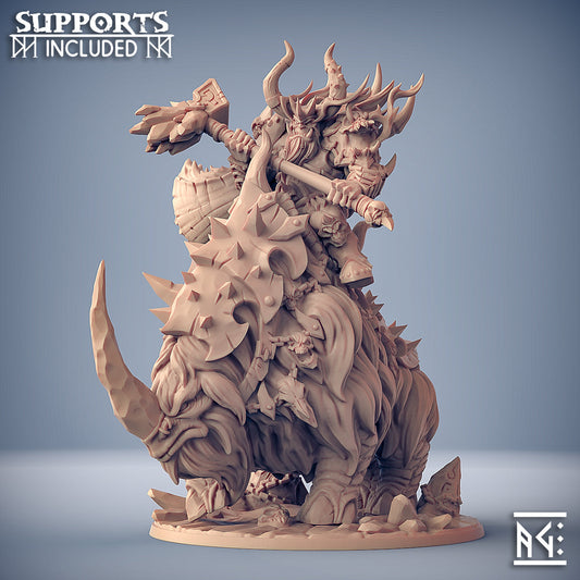 Gothrak on Armored Frosthorn | Frostmetal Clan | Fantasy D&D Miniature | Artisan Guild